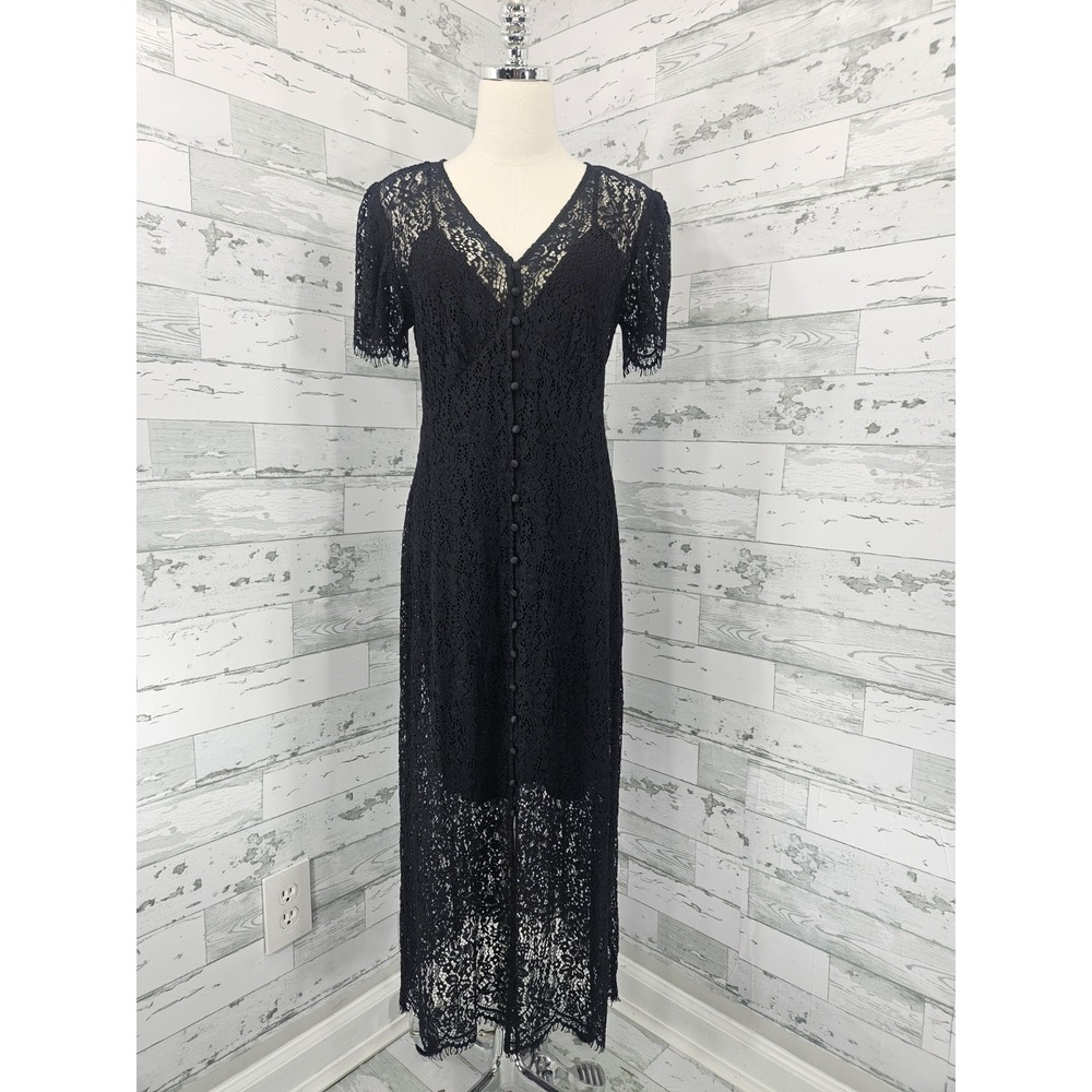 GAP Womens Black Floral Lace Short Sleeve Button Front Maxi Dress Small